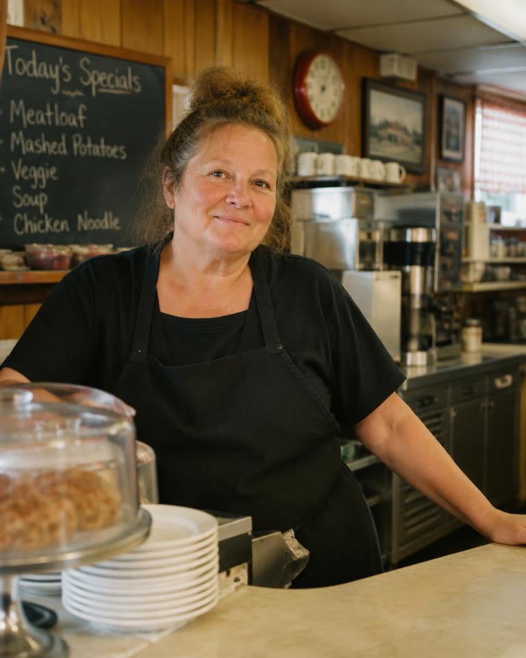 A diner owner standing behind her counter