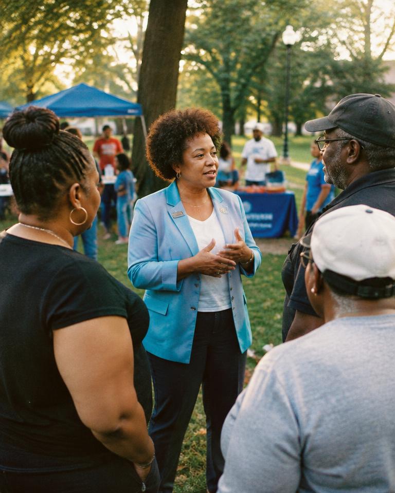 A community leader talking with neighbors at a park gathering